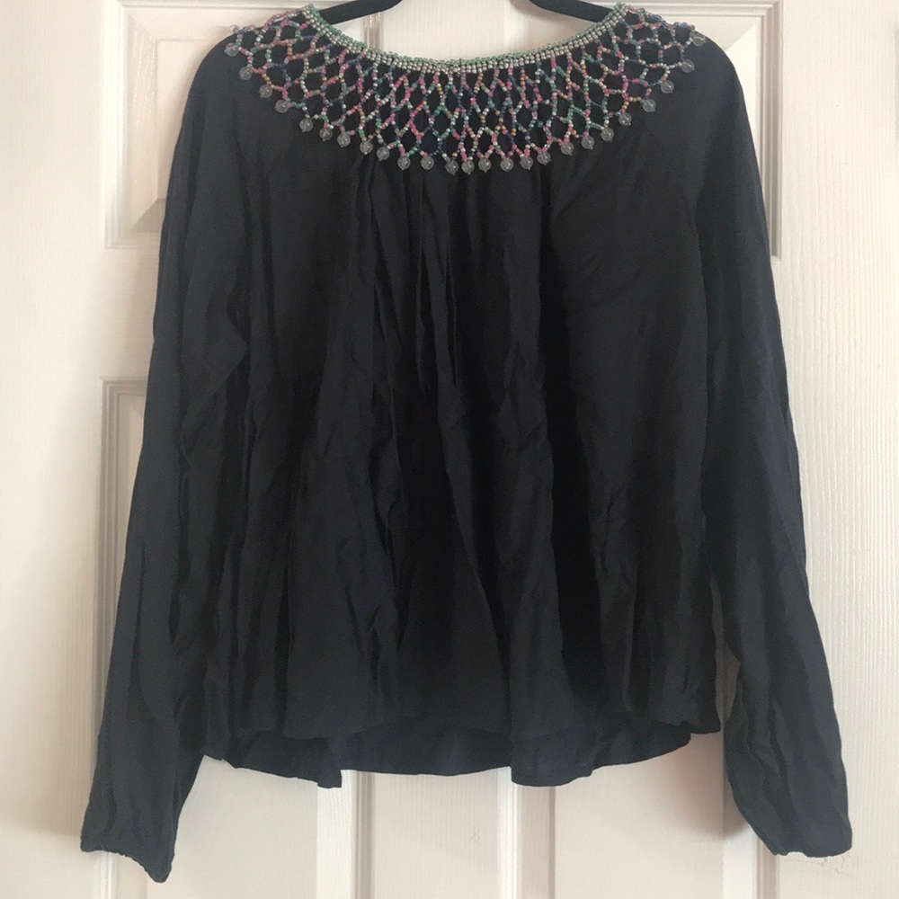ASOS beaded collar navy blue long sleeve shirt